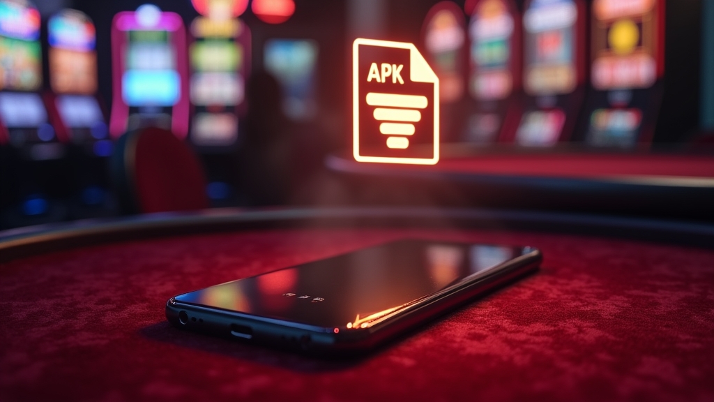 Telemóvel Android com ícone APK num ambiente de casino escuro