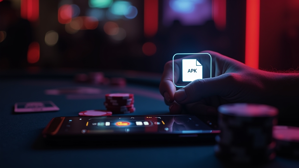 Pessoa a instalar um APK no Android num cenário de casino escuro