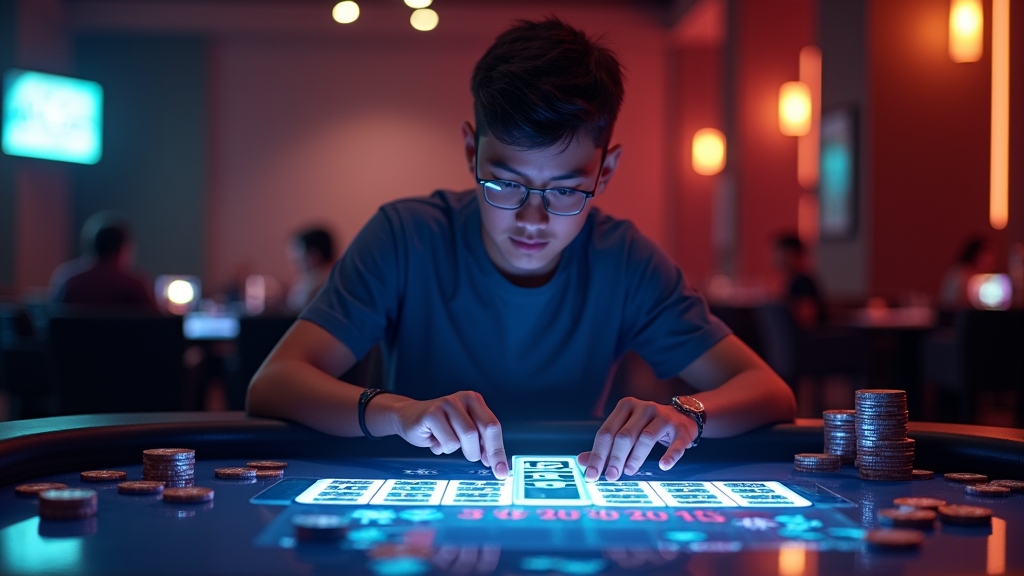 Jogador a ver um bónus de boas-vindas num ambiente de casino escuro