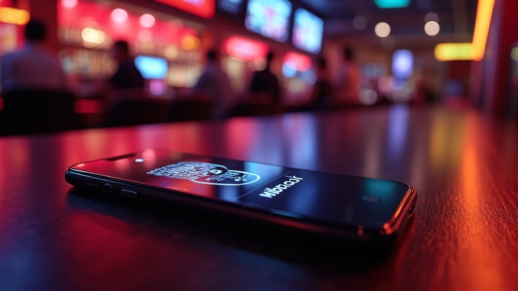 iPhone com atalho de acesso rápido num ambiente de casino escuro